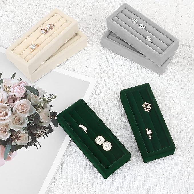 Small Jewelry Tray-Ring Organizer 2PCS Premium Velvet Rings Earrings Display Tray Storage Insert Holder for Jewelry Box, Drawer, Dresser (3 Slots, Green)