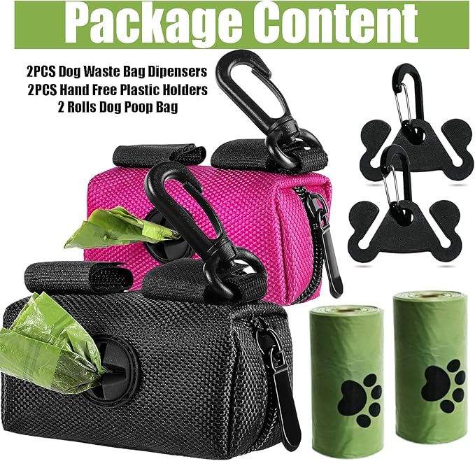 Hilihali 2-Pack Dog Poop Bag Holder for Leash Attachment, Dog Poop Bag Dispenser, Dog Waste Bag Dispensers, Dog Poop Bag Holders, Fit Dog Leash Accessory With Hands-Free Holder Carriers, Pink & Black