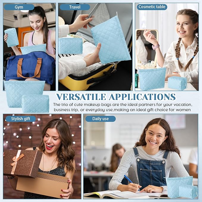 2 Pcs Pencil Case Quilted Makeup Bag Aesthetic Cosmetic Pouch for Women Puffer Travel Toiletry Bag Set Cotton Small Purse Pouch Makeup Organizer with Zipper(Blue)