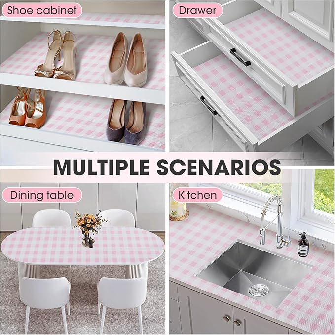 Drawer and Shelf Liner, Non-Slip Kitchen Cabinet Liners Non-Adhesive Thick Strong Grip Waterproof Washable Mats Protect Dresser Shelves Cupboard Bathroom Cabinets, Pink Plaid, 12 in X 10 FT