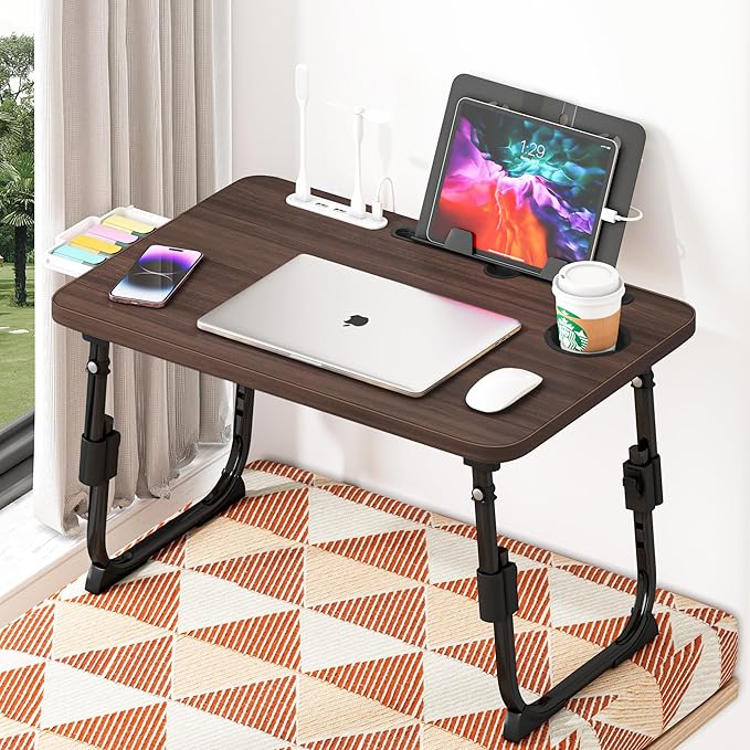 Height Adjustable Laptop Desk for Bed, Lap Bed Table with USB/Storage Drawer/Cup Holder/Tablet Stand/Book Shelf, Foldable Portable Breakfast Tray for Reading, Writing, Sofa & Floor, Walnut