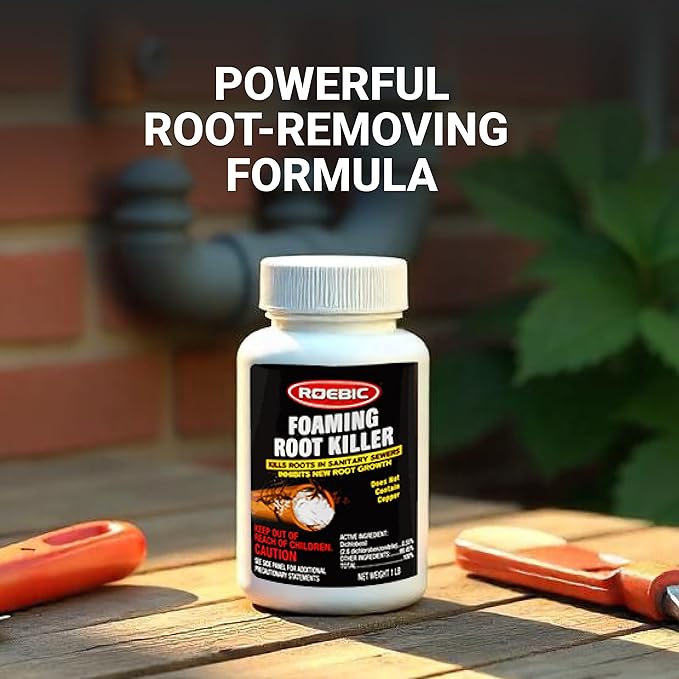 Roebic FRK Foaming Tree Root Killer, Chemical Septic System, Drain Field and Sewer Line Pipe Clog Remover and Root Destroyer, Safe for Bathroom Toilet, White Granules, 1 lb