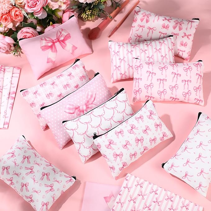 Reginary 20 Pieces Pink Bow Cosmetic Bag for Women, Roomy Pink Bow Makeup Bags with Zipper Toiletry Bag Pouch Travel Accessory Organizer Valentine's Day Gifts, 7 x 4.3 Inches