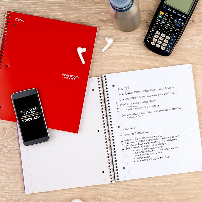 Five Star Spiral Notebook + Study App, 5 Subject, College Ruled Paper, 8-1/2" x 11", 200 Sheets, Fights Ink Bleed, Water Resistant Cover, Fire Red (72077), (Pack of 6)