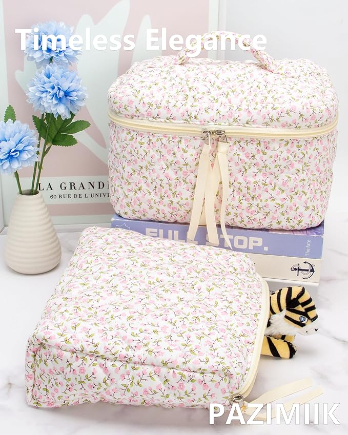 Quilted Makeup Bag Large Travel Zipper Soft Cosmetic Pouch for Women Girls Makeup, Floral Pink