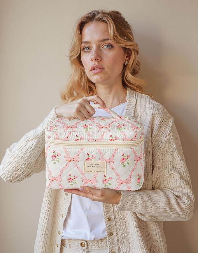 HBselect Quilted Makeup Bag, 3PCS Cotton Large Travel Makeup Bag, Cute Floral Coquette Make up Bag Cosmetic Bag Toiletry Bag for Women Girls
