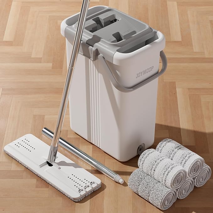 JOYMOOP Mop and Bucket Set – Hands-Free Flat Floor Mop for Household and Commercial Use, with 3 Washable Microfiber Pads, Wet and Dry Cleaning System, Ideal for Home and Office Floors