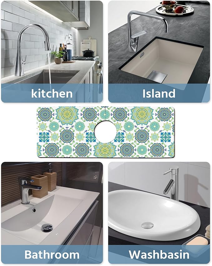 Patterned Sink Faucet Mat Kitchen Splash Guard Super Absorbent Drying Mat, Non-Slip Drain Pad for Kitchen Counter or Bathroom-24x5.5in