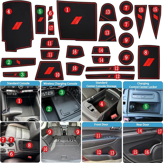 Center Console Liner for Dodge Durango 7-Seater Accessories 2021-2023 2024 2025 2026, Cup Holder Mat, Door Slot Pad, Coaster Trim, Non-Slip Dust Interior, Custom Rubber Insert (25pcs, Red)