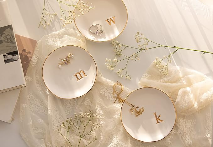 COLLECTIVE HOME - Ceramic Jewelry Tray, Decorative Trinket Dish for Rings Earrings Necklaces Bracelet Watch Keys, Birthday Mother's Day Christmas Gift for Women, 4.75", White Surface (M)