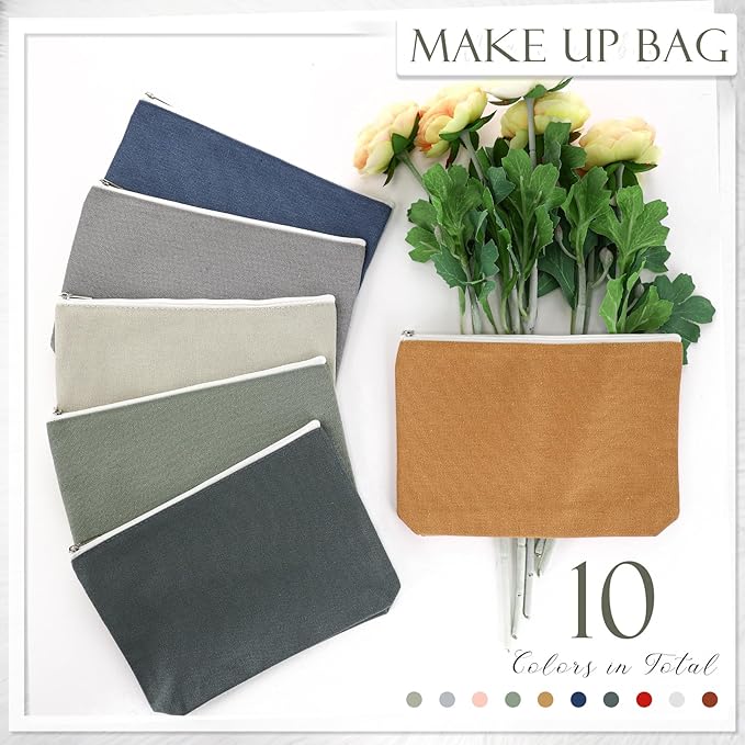 Reginary 10 Pcs Valentines Canvas Makeup Bags Bulk for Women Travel Toiletry Cosmetics Bags Blank DIY Pencil Pouch, Gift for Valentines Patrick's Day Wedding Bridal Shower Coworker(Morandi Color)