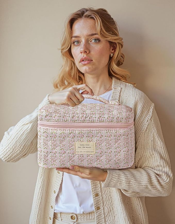 HBselect Quilted Makeup Bag, 3PCS Cotton Large Travel Makeup Bag, Cute Floral Coquette Make up Bag Cosmetic Bag Toiletry Bag for Women Girls