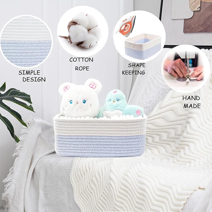 COMFY-HOMI 13" x 8.5" x 5.1" Storage Baskets for Organizing | Cotton Rope Woven Basket | Toy Storage Bin Box | Basket for Shelves, Closet Organizer Bin, Decorative Closet Shelf, 3 Pack, white/bule