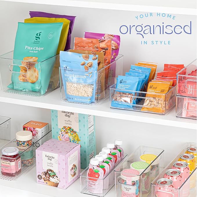 Plastic Food Storage 6 Pack Clear Container Bin with Handles for Organizing Kitchen, Pantry, Fridge, Freezer, Pantry, Bathroom. 10"x6"x5"