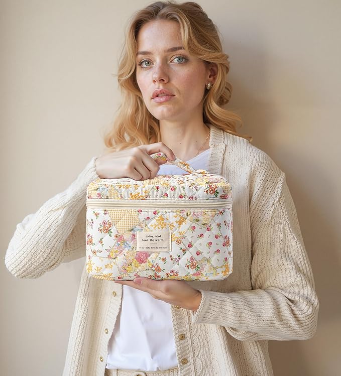 HBselect Quilted Makeup Bag, 3PCS Cotton Large Travel Makeup Bag, Cute Floral Coquette Make up Bag Cosmetic Bag Toiletry Bag for Women Girls