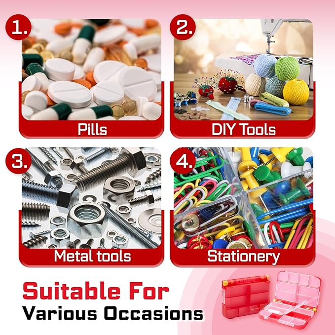 Small Storage Parts Organizer, 2Pcs Red Portable Plastic Box with Dividers, Double-sided Storage 16 Compartment Screwdriver Bit Set Box