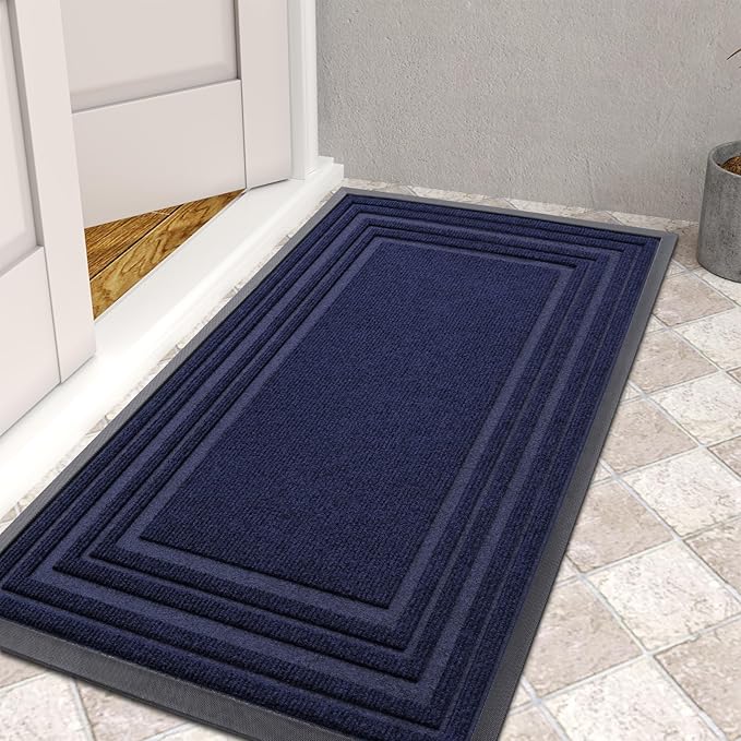 Buganda Front Door Mat Indoor Outdoor Entrance, Non-Slip Natural Rubber Doormats, Easy Clean, Low Profile, Dirt Trapper Entryway Floor Mats for Outside, Garages and Patios, 36x24, Navy