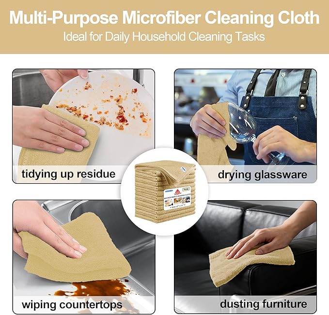 HOMERHYME Microfiber Cleaning Cloth, 12 Pack Beige Cleaning Rags, 12" X 11" Lint-Free Dish Towels Wash Cloths, Reusable Microfiber Towels for Home and Kitchen Bathroom Apartment Cleaning Supplies