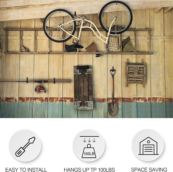 KURUI Heavy Duty Screw in Hooks for Hanging, 12 Pack Bike Hooks for Garage Wall with Screw Anchors, Wall Mount Bicycle Storage for Ceiling, Large Black Plant Hooks for Ceiling