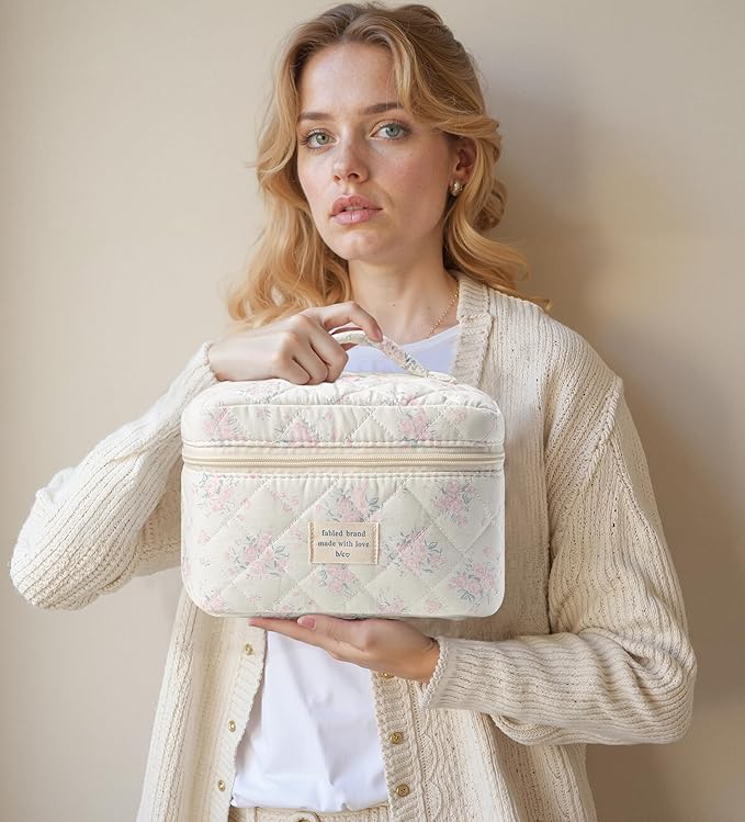 HBselect Quilted Makeup Bag, 3PCS Cotton Large Travel Makeup Bag, Cute Floral Coquette Make up Bag Cosmetic Bag Toiletry Bag for Women Girls