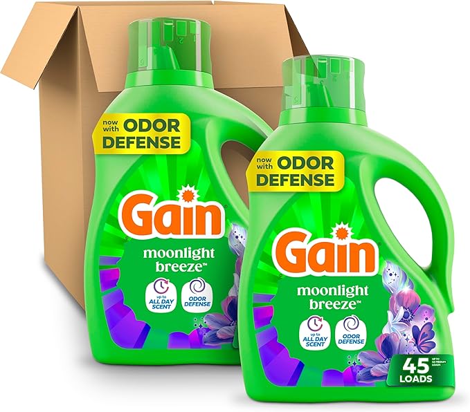 Gain Liquid Laundry Detergent with Odor Defense, Moonlight Breeze Scent, Laundry Soap For HE Washing Machines, 60 fl oz, 45 Loads, Pack of 2 (Packaging May Vary)