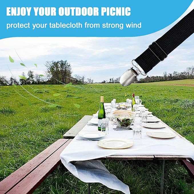 Tablecloth Clips for Outdoor Thick Tables Hidden Strap 5 Pack, Adjustable Elasticity Picnic Table Cloth Holder Clip Large Clamp for Bench Cover Party Restaurant Camping RV Essential Accessory Black
