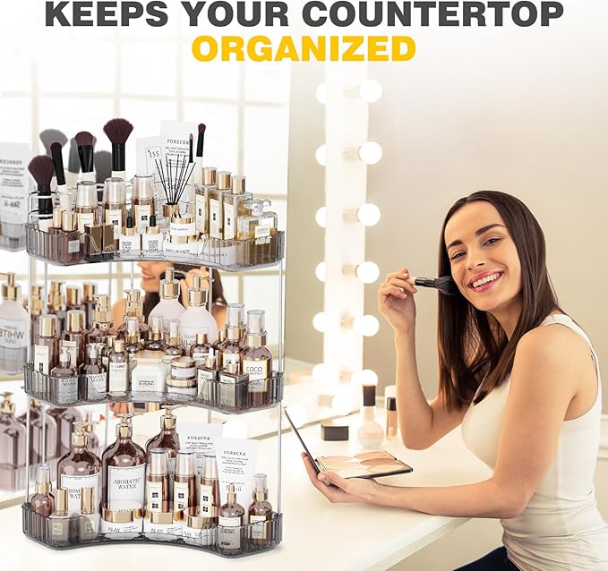 3-Tier Corner Bathroom Counter Organizer with Top Toothbrush Holders, Large Makeup Organizer Countertop with Brush Holder, Skincare Organizers Corner, Exquisite Vanity Organizer (Gray, 3 Tier)