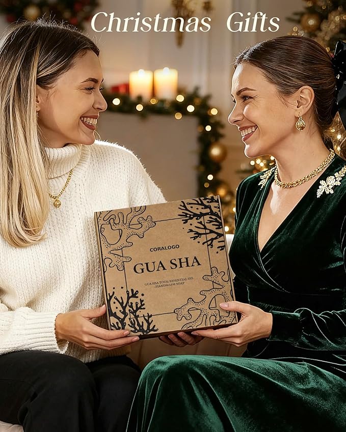 Coralogo Jade Gua Sha Facial Tools - 4pc Face Massager Tools Set with Gua Sha Facial Oil, Soap, Jade Roller for Puffiness Lymphatic Drainage Self Care Gift for Christmas Birthday Valentine's Day