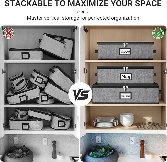 MISSLO Large Capacity China Storage Containers Hard Shell Plate Storage Containers, Kitchen Packing Moving Boxes for Dishes, Dinnerwares, Mugs Protectors, Grey, 3 Piece Set