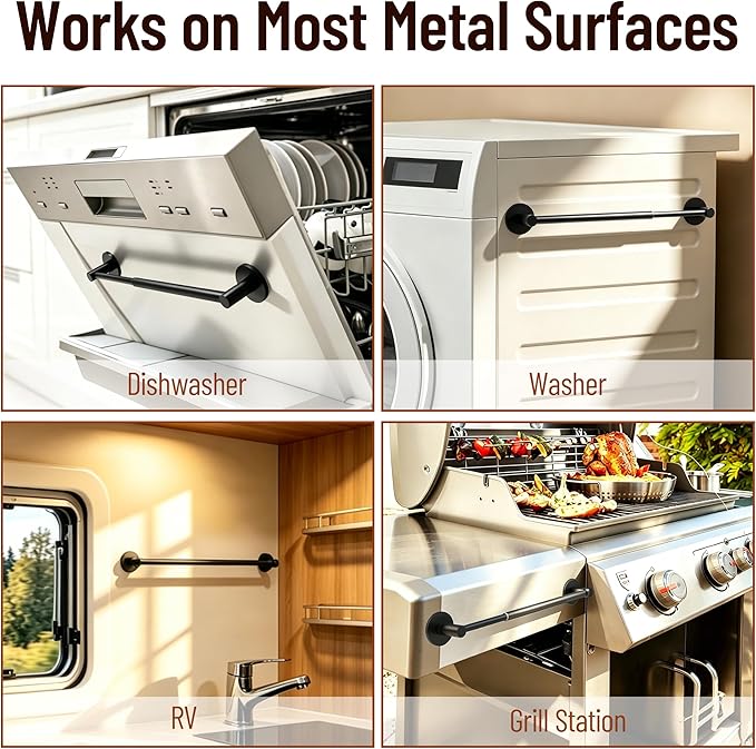 Magnetic Towel Bar, Adjustable Towel Rod with Larger Magnetic Base & Hidden Magnet Design, Non-Slip Magnetic Towel Holder for Refrigerator, Dishwasher, Oven, Washer (Matte Black, 2Pack)