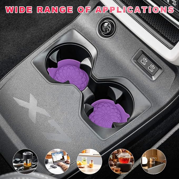 2 PCS Car Cup Holder Coasters, 2.75 Inch Anti-Slip Insert Silicone Car Coaster Drink Mat, Shockproof Universal Auto Cup Coasters for Most Vehicles, Car Interior Accessories (Dark Purple)