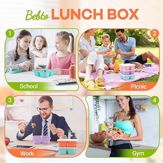 Bento Box Adult Lunch Box- 4 Pack,4 Compartment Snack Containers Reusable Meal Prep Stackable BPA-Free Lunch Containers for Home, Work, Travel (4 Color)