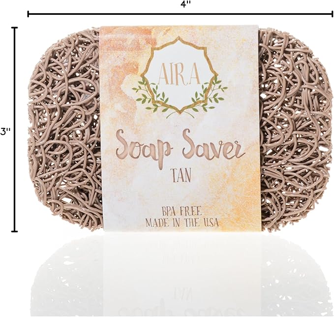 Aira Soap Saver - Soap Dish & Soap Holder Accessory - BPA Free Shower & Bath Cleanser Holder - USA Made - Drains Water, Circulates Air, Extends Life - Easy to Clean, Fits All Dish Sets - Tan