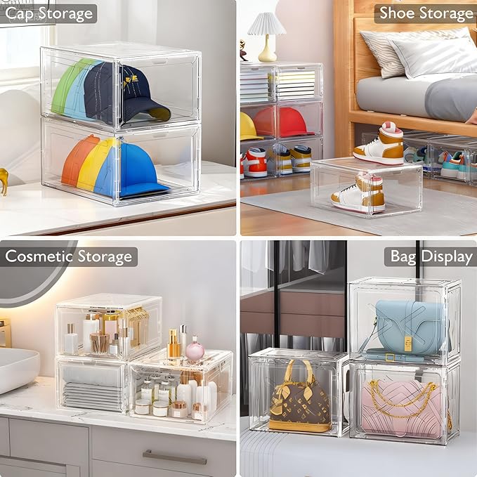 Thick & Sturdy Clear Shoe Boxes with Magnetic Front Door, Stackable Plastic Sneaker Storage Organizer for Closet, Space-Saving Foldable Shoe Containers for Boots & Heels, Durable Shoe Cabinet, 6 Pack