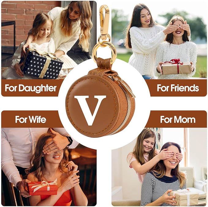 Mini Initial Travel Jewelry Case Ring Holder, Brown Faux Leather Small Jewelry Organizer Box Gifts for Women Girls Nurse Teacher, Gym Travel Accessories Keychain Pouch for Earrings Rings Necklace V