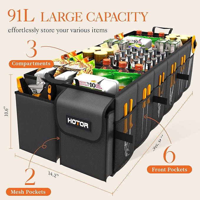 HOTOR Foldable Trunk Organizer - SUV & Sedan, 3-Compartment, 35.4"×14.2"×10.6" Black Car Accessory Organizer