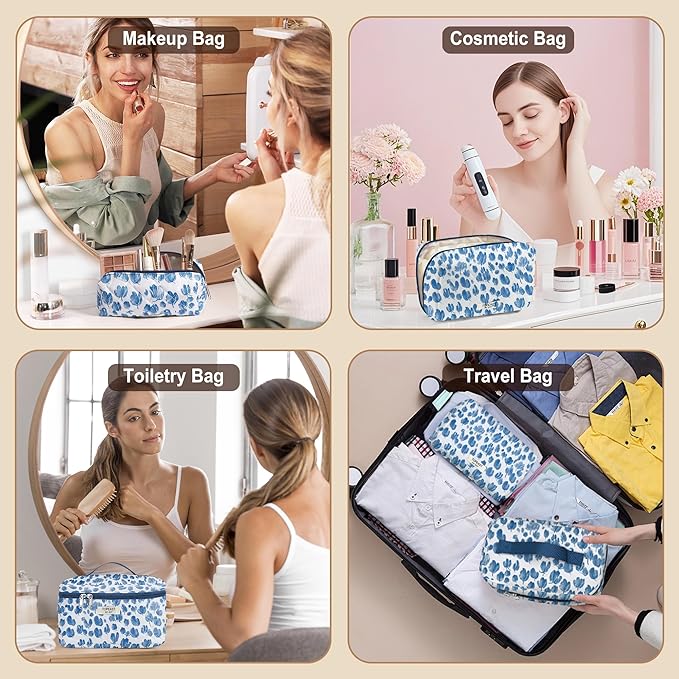 TOPEAST Christmas Gifts for Women Girls - 3Pcs Makeup Bag Large Cotton Travel Makeup Bags, Cute Quilted Floral Cosmetic Organizer Portable Brushes Toiletry Bag Set, Blue Floral