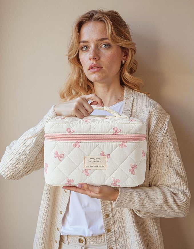 HBselect Quilted Makeup Bag, 3PCS Cotton Large Travel Makeup Bag, Cute Floral Coquette Make up Bag Cosmetic Bag Toiletry Bag for Women Girls
