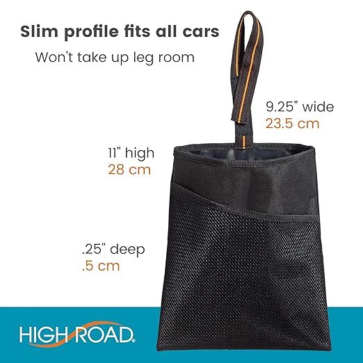 High Road Small Hanging Car Trash Bag with Waterproof Liner, Storage Pocket and Adjustable Strap - Hangs from Handles or Headrest Posts Without Taking Up Legroom