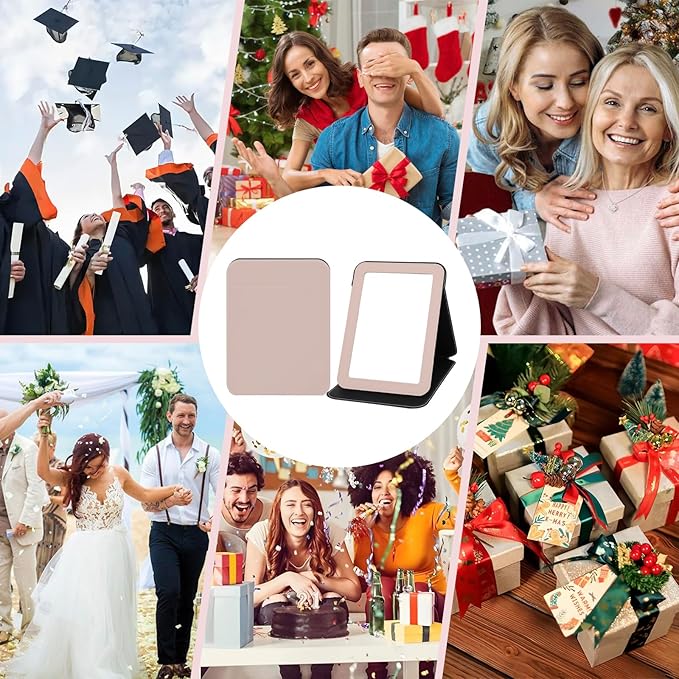 Desk Folding Mirror Portable, Travel Makeup Mirror PU Portable Adjustable Rectangular Ultrathin Vanity Mirror with Stand, for Travel, Camping, Home, Gifts for Women (Rose Gold)