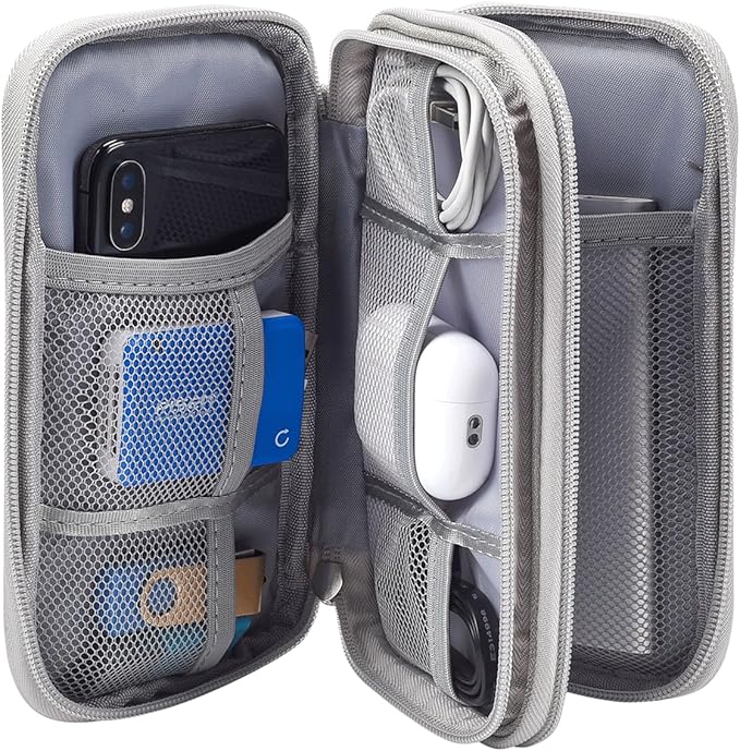 Travel Organizer Pouch Electronic Accessories Carry Case Portable Waterproof Double Layers Storage Bag for Cable, Cord, Charger, Phone, Power Bank, Earphone, Hard Drive (Light Grey, Large)