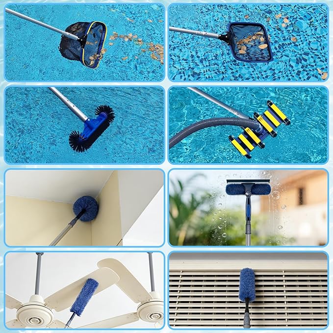 Poolvio 15FT Pool Pole, 3-Piece Telescopic Swimming Pool Cleaning Pole with Universal Threaded Tips, 2-in-1 Design for Skimmer Nets, Vacuum Heads, Brushes & Household Cleaning Tools