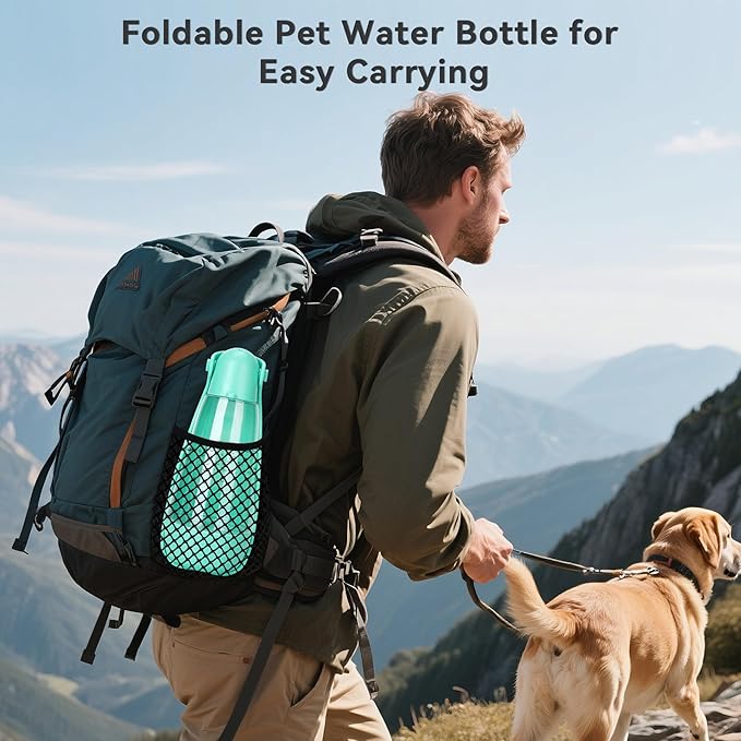 UPSKY Portable Dog Water Bottle, 3-in-1 Foldable Dog Water Dispenser with Food Container & Poop Scooper, Leak Proof, Ideal for Walking, Traveling, Hiking with Small/Large Dogs, 14.2 oz(Green)