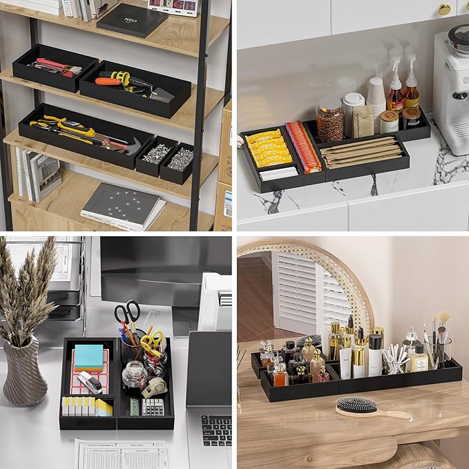 Bamboo Drawer Organizer, Narrow Silverware Organizer for Kitchen, Stackable Utensil Organizer, 2 Pcs Flatware Organizer, Wooden Storage Box Tray (Black, 12 X 3 X 2 Inch)