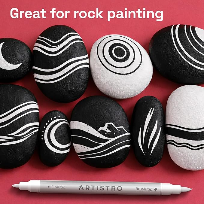 ARTISTRO 12 White Acrylic Paint Markers - Paint Pens for Drawing, Brush + Fine Tips - For Fabric, Rock, Glass, Wood, DIY - Art & Craft Supplies for Adults, Teens, Kids - Teacher Appreciation Gift