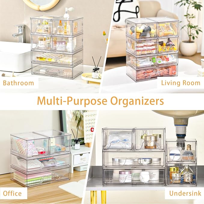 Stebopum 6 Pack Stackable Storage Drawers, Clear Acrylic Organizer, Makeup Bathroom Organizer and Storage Bins for Beauty Supplies, Ideal for Vanity, Bathroom, Pantry Organization