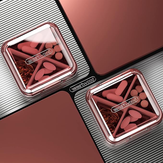 DUBSTAR Daily Pill Organizer,4 Compartments Portable Travel Small Pill Case, Pill Box for Purse Pocket to Hold Vitamins,Cod Liver Oil,Supplements and Medication (Red)