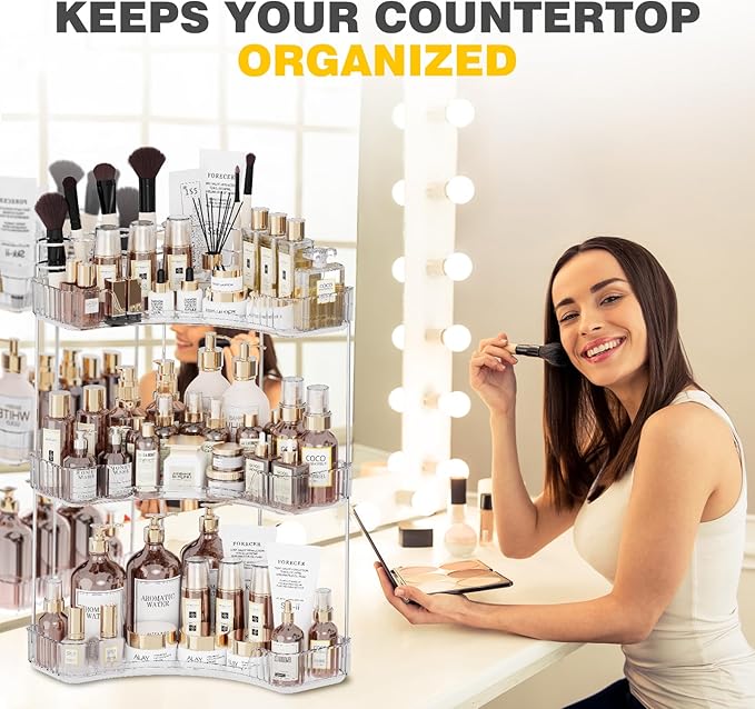 3-Tier Corner Bathroom Counter Organizer with Top Toothbrush Holders,Large Makeup Organizer Countertop with Brush Holder,Skincare Organizers Corner,Exquisite Vanity Organizer (Clear, 3 Tier)