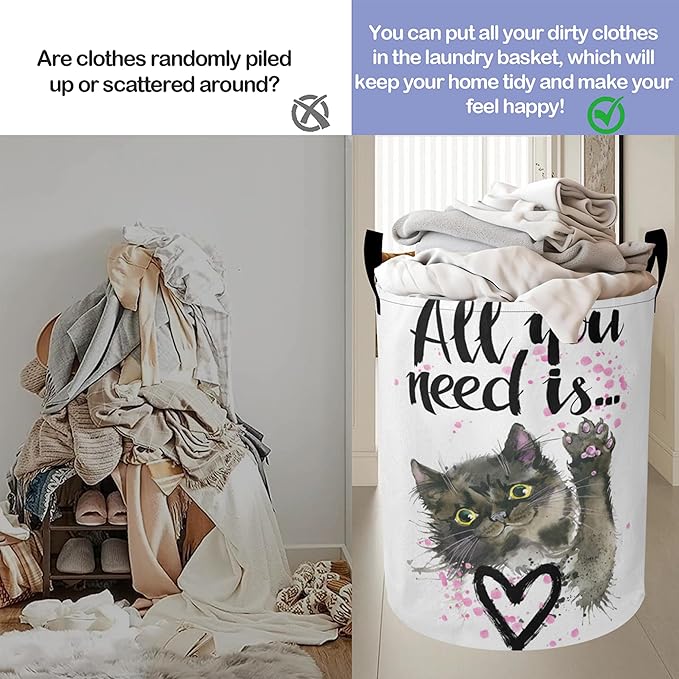 Cute Cat Laundry Basket, All You Need is an Oxford Cloth Laundry Hamper With Handle, Foldable Portable Clothes Storage Basket Storage Bag For Laundry Room/Bathroom/Bedroom/Dormitories