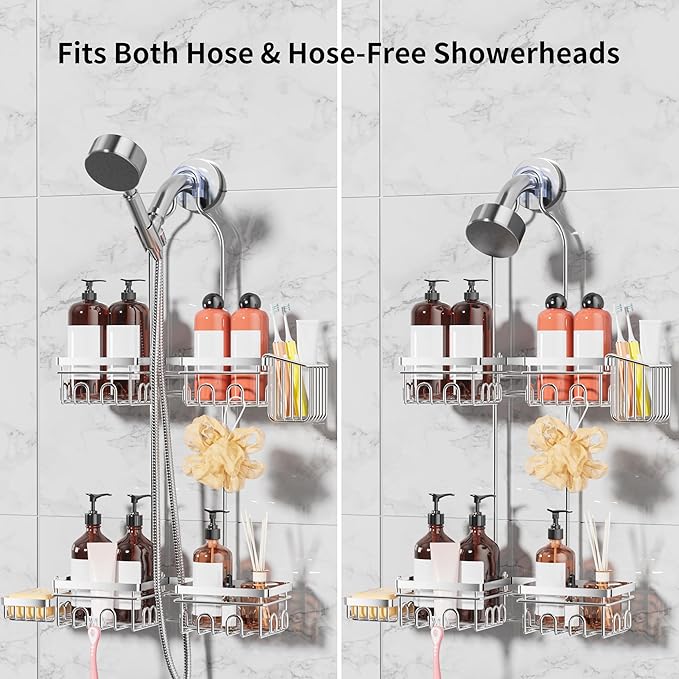 Daoun Shower Caddy Hanging with Door Hook - Split Design for Handheld Showerheads, Rustproof Over The Showerheads Bathroom Organizer with Hooks Soap and Toothbrush Holder, Bathroom Accessories Silver